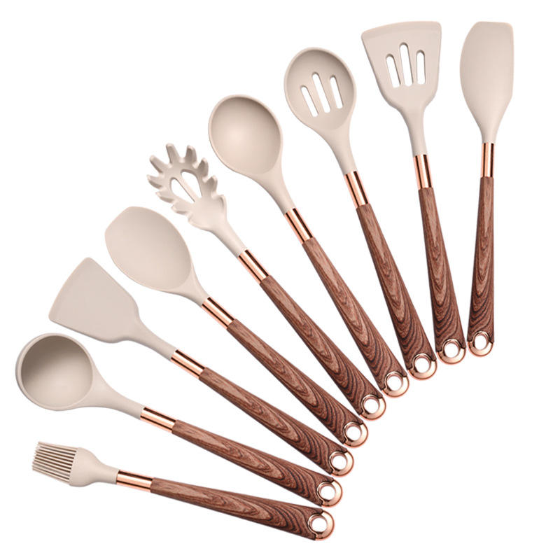 10-Piece Silicone & Wood Kitchen Utensil Set with Storage Bucket