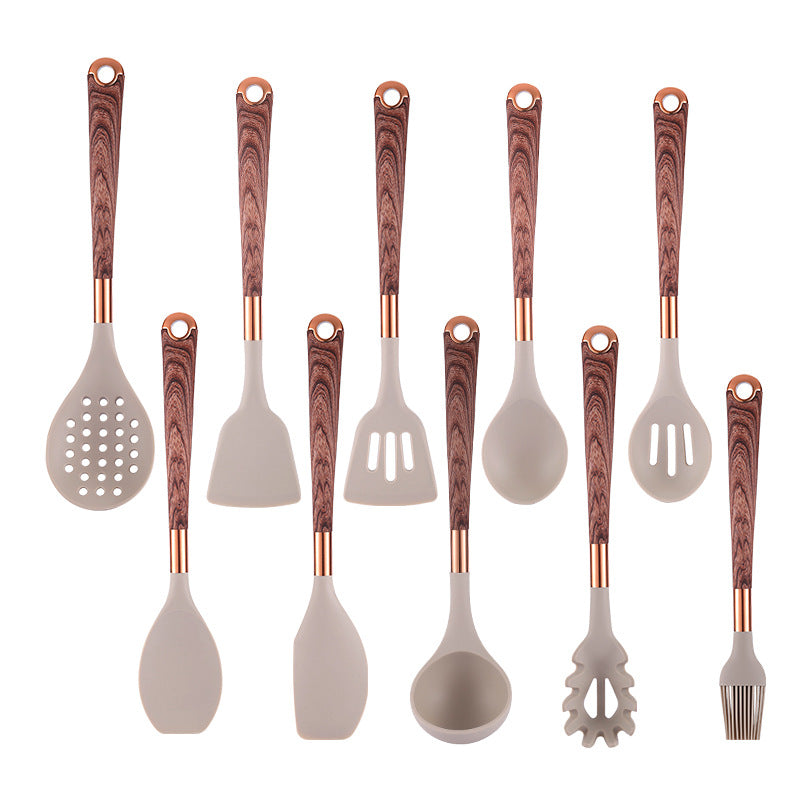 10-Piece Silicone & Wood Kitchen Utensil Set with Storage Bucket