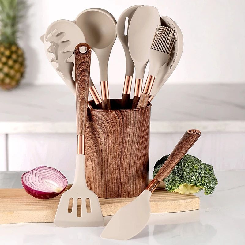 10-Piece Silicone & Wood Kitchen Utensil Set with Storage Bucket