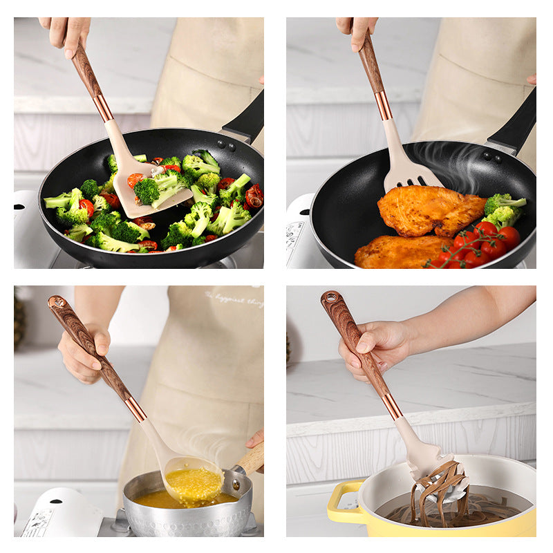 10-Piece Silicone & Wood Kitchen Utensil Set with Storage Bucket