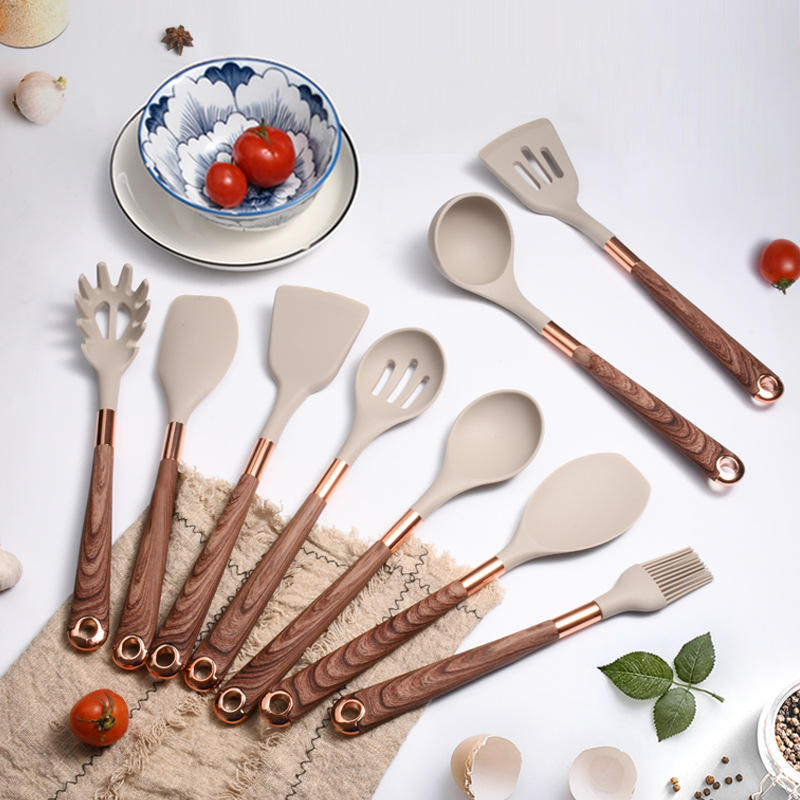 10-Piece Silicone & Wood Kitchen Utensil Set with Storage Bucket