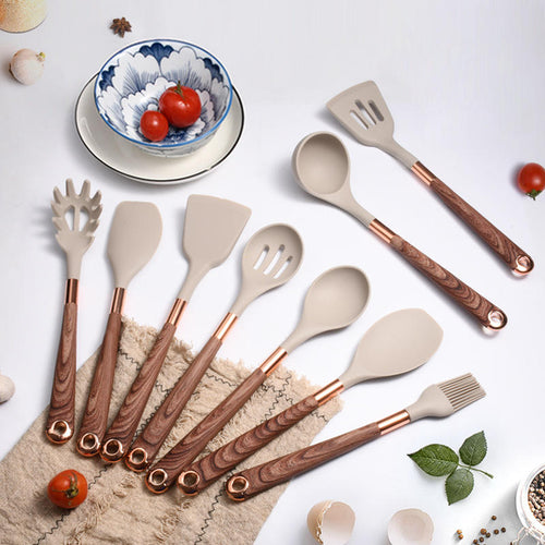 10-Piece Silicone & Wood Kitchen Utensil Set with Storage Bucket
