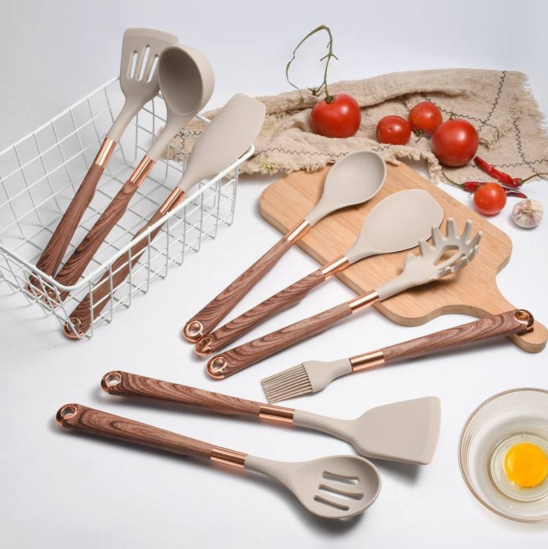 10-Piece Silicone & Wood Kitchen Utensil Set with Storage Bucket