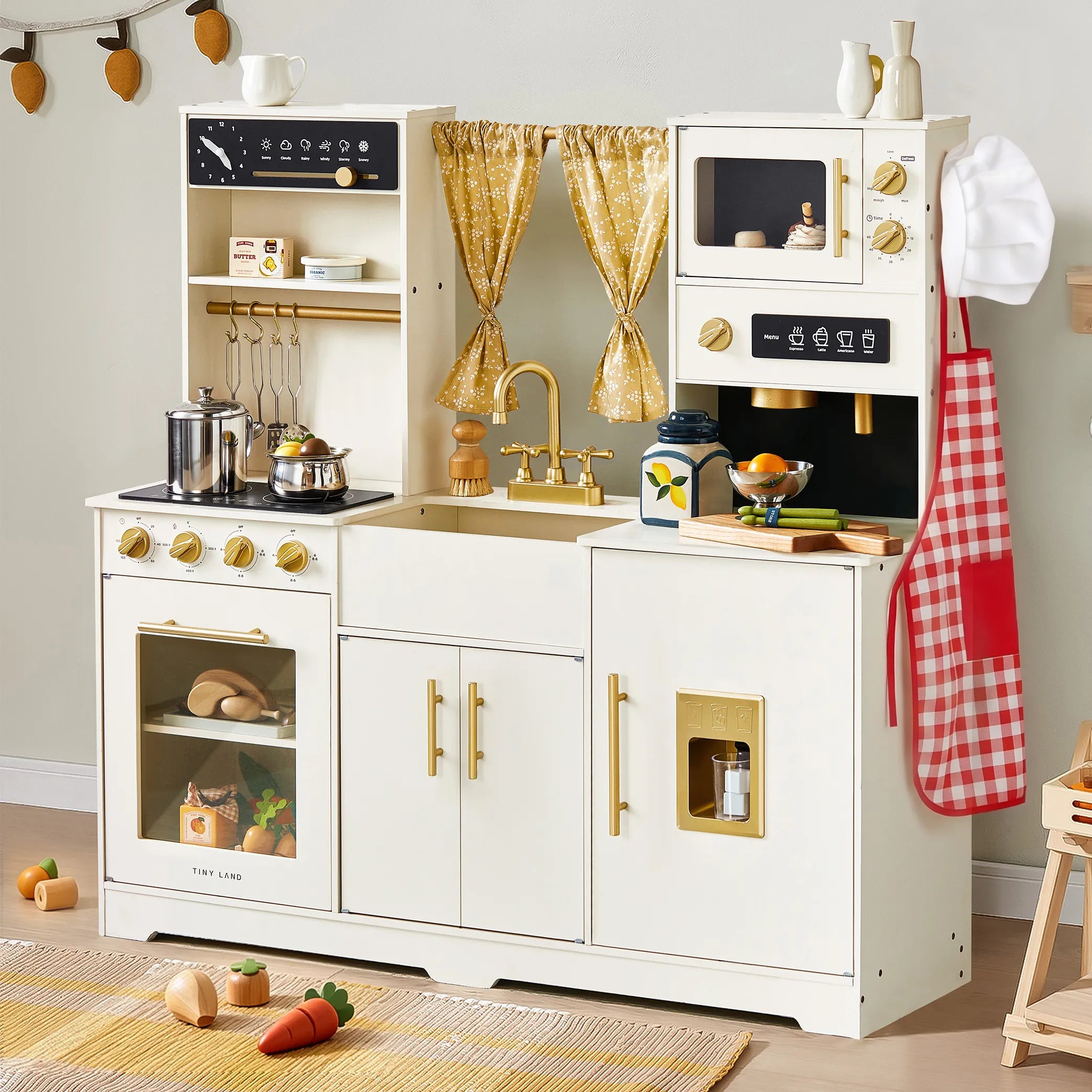 Tiny Land Wooden Play Kitchen for Kids – Cream Pretend Cooking Set