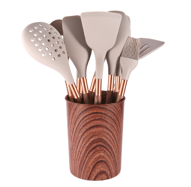 10-Piece Silicone & Wood Kitchen Utensil Set with Storage Bucket