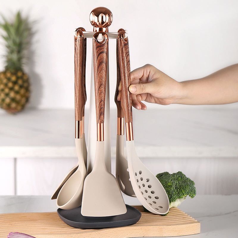 10-Piece Silicone & Wood Kitchen Utensil Set with Storage Bucket