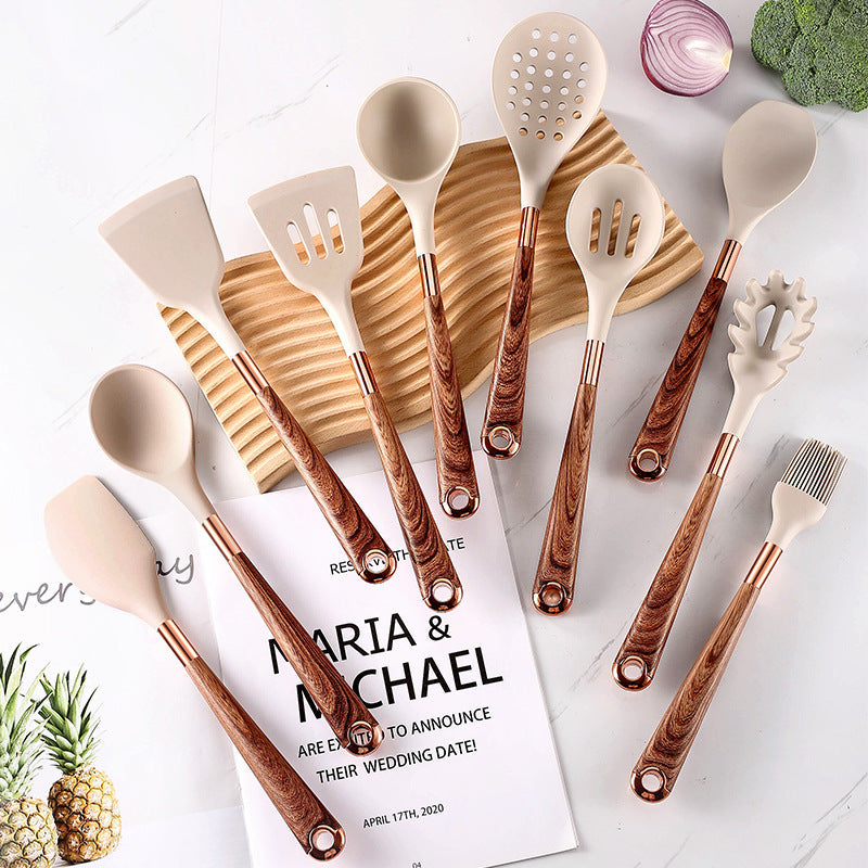 10-Piece Silicone & Wood Kitchen Utensil Set with Storage Bucket