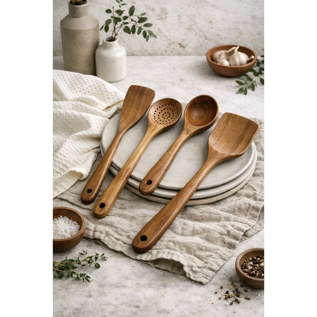 Nosara 4-Piece Teak Wood Kitchen Utensil Set – Natural Handcrafted Cooking Tools