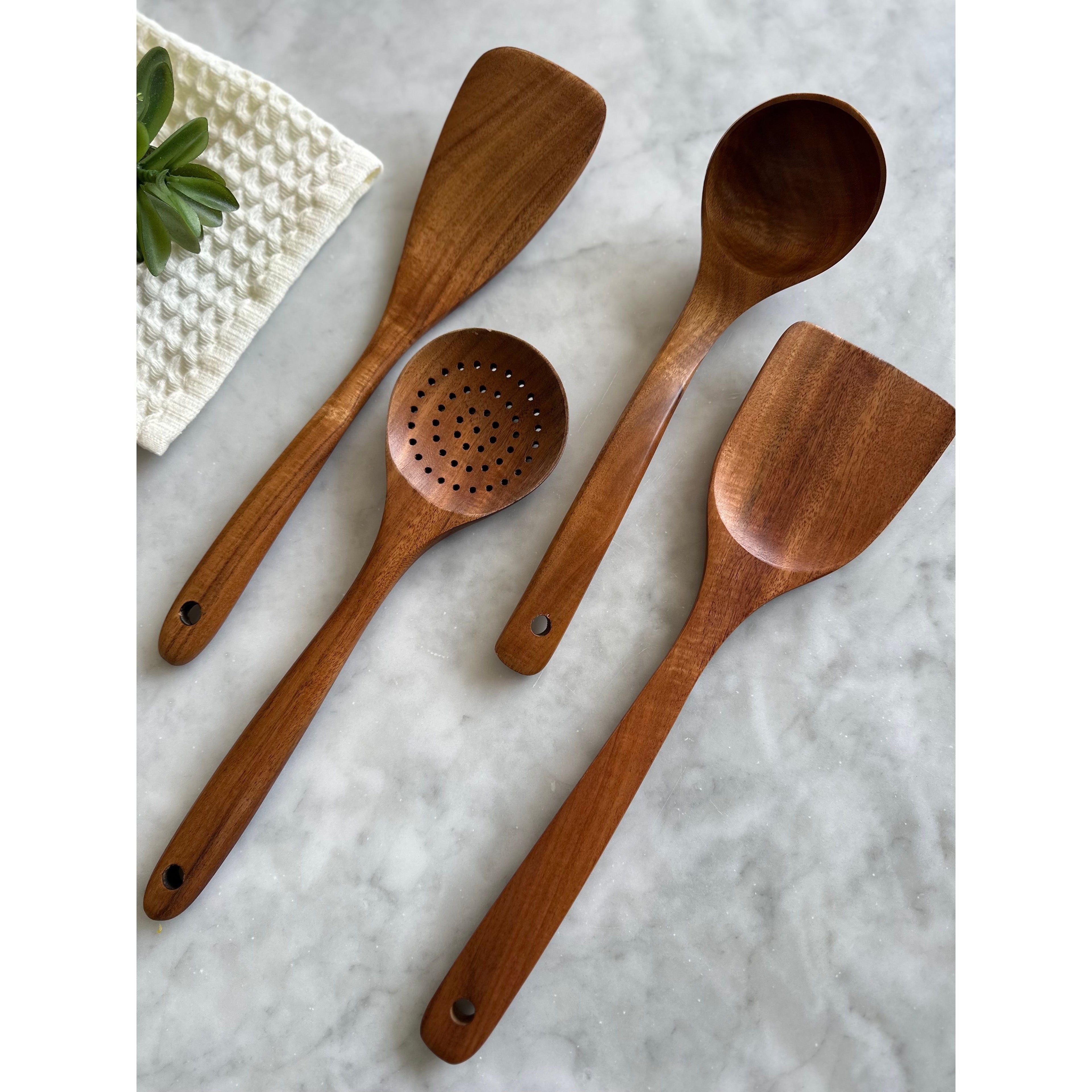 Nosara 4-Piece Teak Wood Kitchen Utensil Set – Natural Handcrafted Cooking Tools