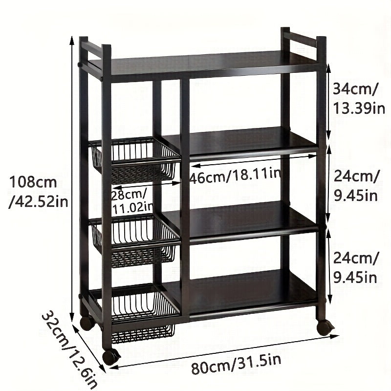 4-Tier Rolling Kitchen Storage Rack with Metal Baskets – Heavy-Duty Organizer on Wheels