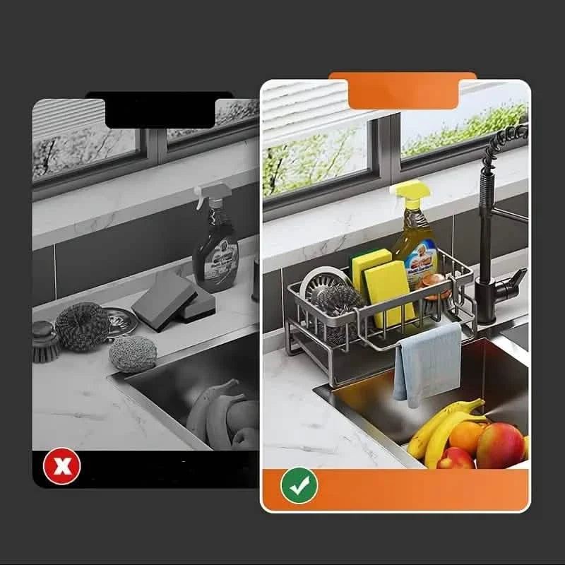 Countertop Sink Organizer with Drain Basket – Multi-Function Kitchen Storage Rack
