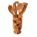6-Piece Hand-Carved Olive Wood Kitchen Utensil Set with Holder