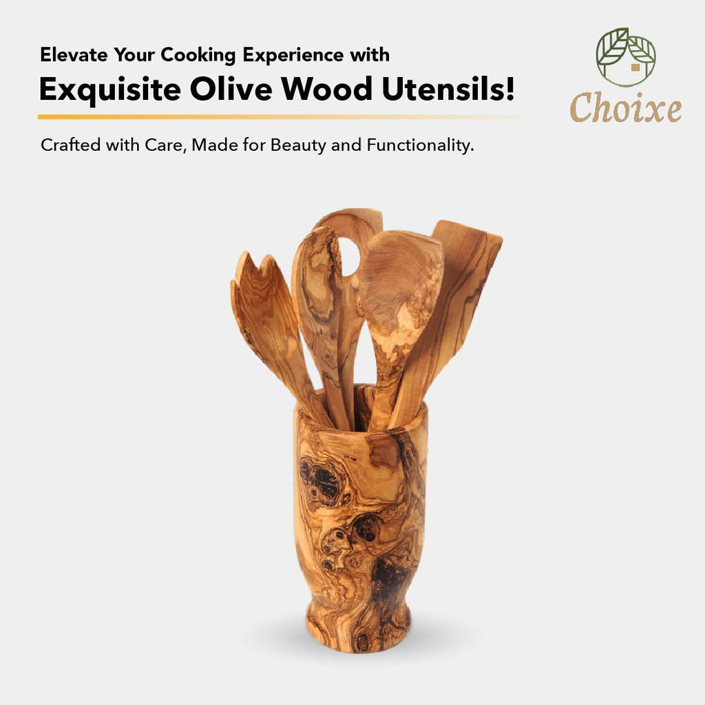 6-Piece Hand-Carved Olive Wood Kitchen Utensil Set with Holder