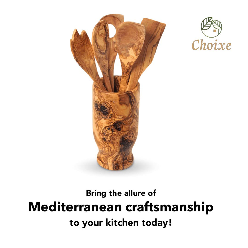 6-Piece Hand-Carved Olive Wood Kitchen Utensil Set with Holder