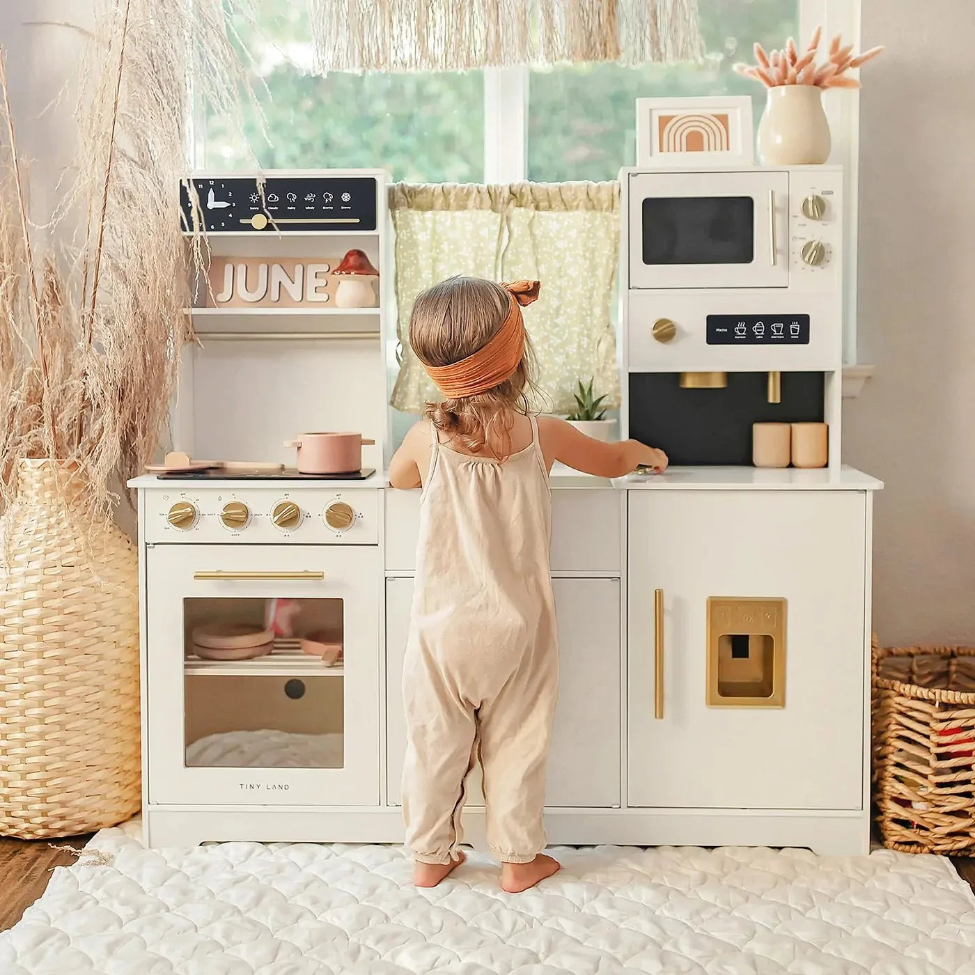 Tiny Land Wooden Play Kitchen for Kids – Cream Pretend Cooking Set
