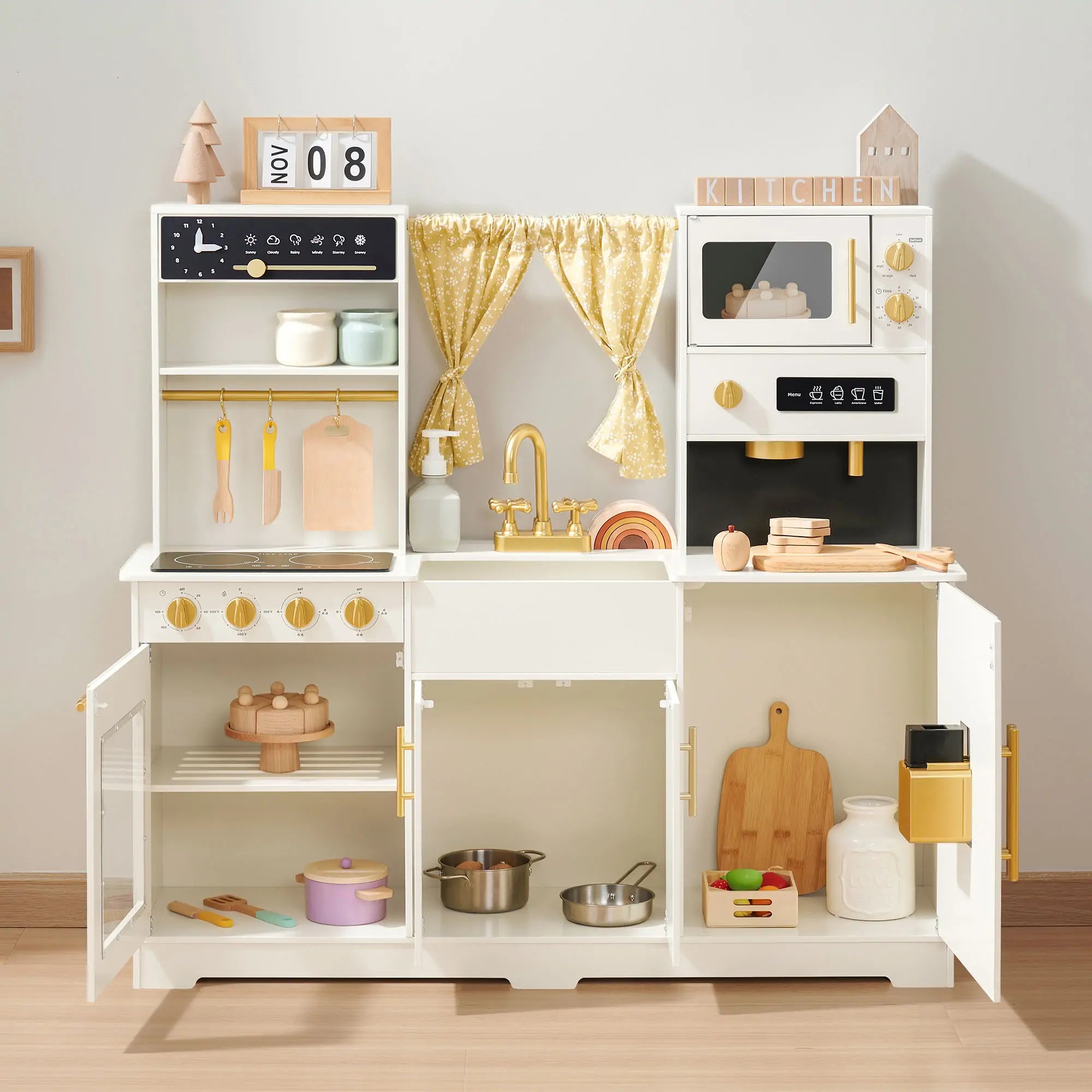 Tiny Land Wooden Play Kitchen for Kids – Cream Pretend Cooking Set