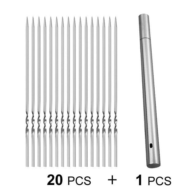 Stainless Steel BBQ Skewers with Storage Tube – Reusable Flat Kebab Forks