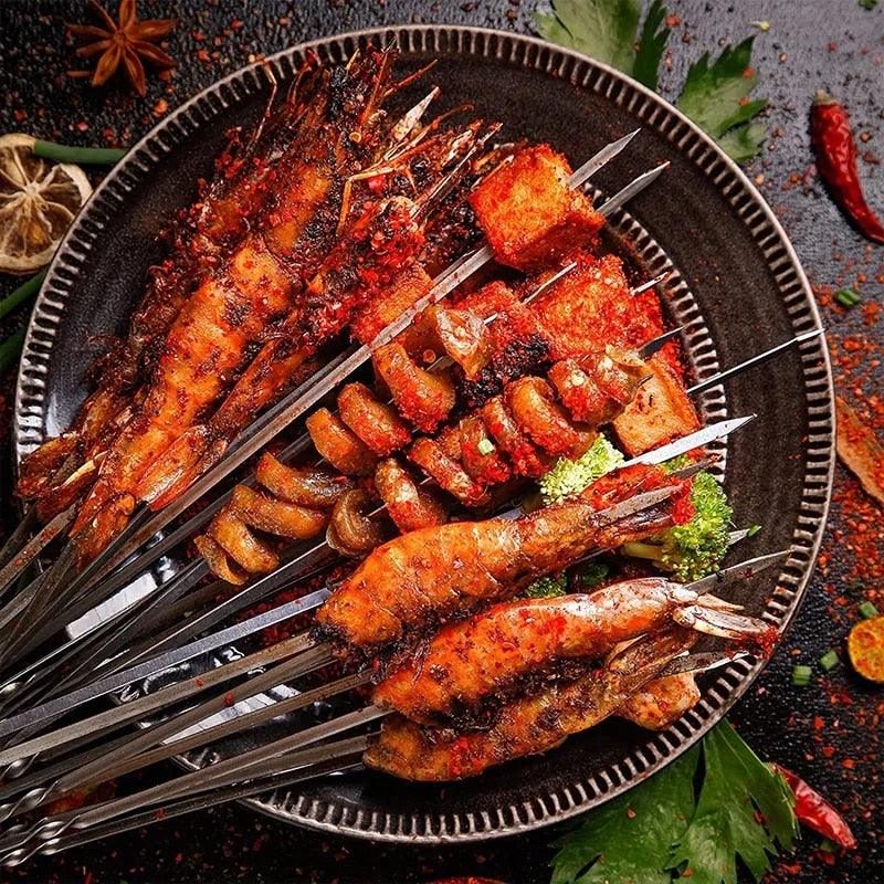 Stainless Steel BBQ Skewers with Storage Tube – Reusable Flat Kebab Forks
