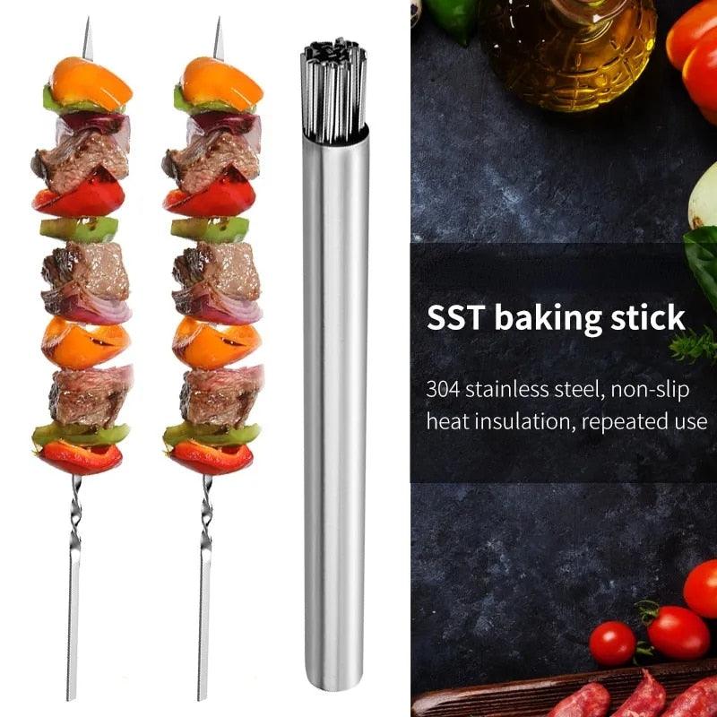 Stainless Steel BBQ Skewers with Storage Tube – Reusable Flat Kebab Forks
