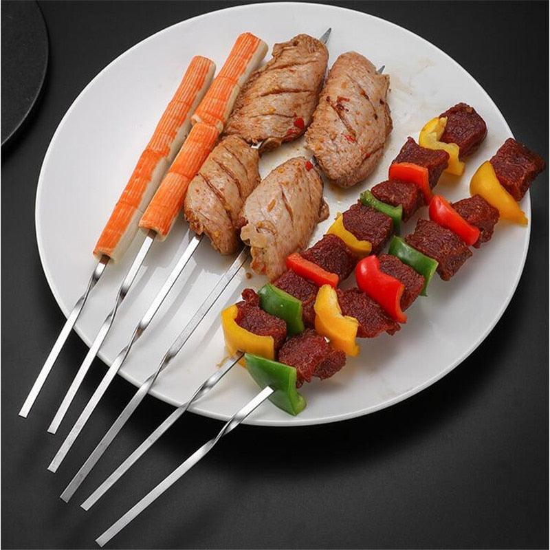 Stainless Steel BBQ Skewers with Storage Tube – Reusable Flat Kebab Forks
