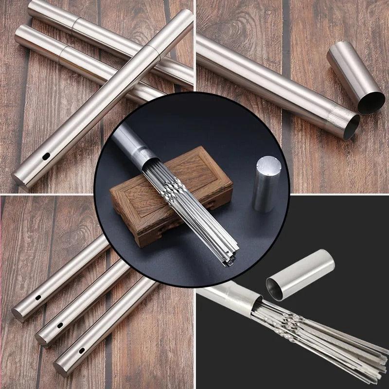 Stainless Steel BBQ Skewers with Storage Tube – Reusable Flat Kebab Forks