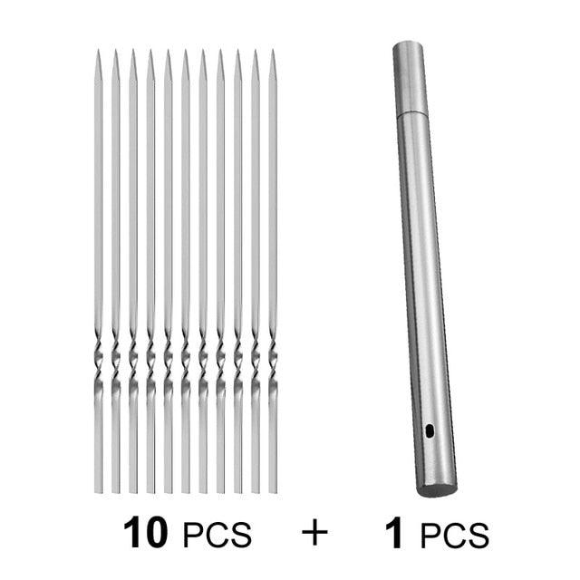 Stainless Steel BBQ Skewers with Storage Tube – Reusable Flat Kebab Forks
